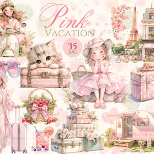 35 roze vakantie clipartbundel, Coquette esthetiek, aquarel zachtroze reisafbeeldingen, afdrukbare JPG voor Junk Journal, digitale planner