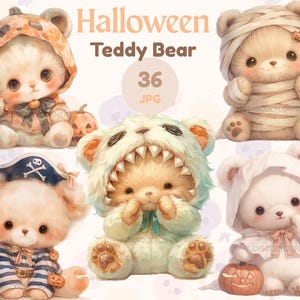 36 Cute Teddy Bear in Halloween Costume Clipart, Watercolor Halloween Baby Teddy, Printable Spooky Teddies, Halloween JPG, Commercial Use