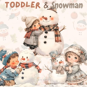 20 Weihnachten Vintage Kind mit Schneemann Clipart, Aquarell süßes Mädchen und Junge mit Schneemann, Urlaub JPG Bundle, digitale Aufkleber, Papierwesen