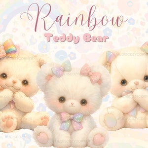 17 lindos ositos de peluche con temática de arcoíris, paquete de ositos de peluche en acuarela pastel, decoración de guardería PNG imprimible, descarga digital, uso comercial