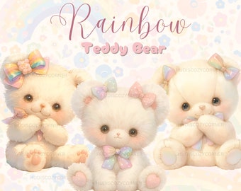 17 Cute Rainbow Themed Teddy Bear Clipart, Watercolor Pastel Teddies Bundle, Printable PNG Nursery Decor, Digital Download, Commercial Use