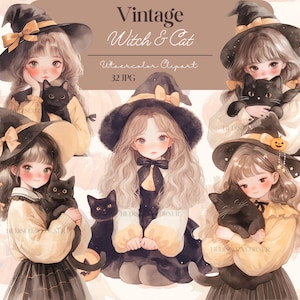 Pu&ograve; includere: Clipart ad acquerello con illustrazioni di giovani streghe con gatti neri. Le streghe indossano cappelli neri con fiocchi e tengono in braccio i loro compagni felini. Il testo "Vintage Witch & Cat" &egrave; visualizzato in alto. Il tema generale &egrave; Halloween.