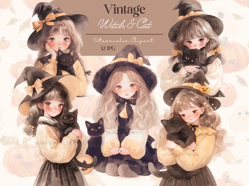 Pu&ograve; includere: Clipart ad acquerello con illustrazioni di giovani streghe con gatti neri. Le streghe indossano cappelli neri con fiocchi e tengono in braccio i loro compagni felini. Il testo "Vintage Witch & Cat" &egrave; visualizzato in alto. Il tema generale &egrave; Halloween.