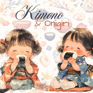 6 Cute Kimono Girl Eating Onigiri Clipart Bundle, Watercolor JPG Vintage Girl In Japanese Dress, Card Making, Junk Journal and Paper Crafts