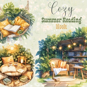 20 Cozy Summer Reading Nook Clipart Bundle, Watercolor Reading Corner, Bookworm JPG Images, Digital Book Sticker, Junk Jounal, Scrapbooking