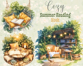 Paquete de 20 imágenes prediseñadas de rincones de lectura acogedores para el verano, rincón de lectura en acuarela, imágenes JPG de Bookworm, calcomanías digitales para libros, diario basura, álbumes de recortes