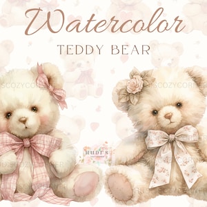 8 Cute Teddy Bear with Bow Clipart, Vintage Watercolor Teddy Bears, PNG Bundle, Wall Art, Scrapbook, Junk Journal, Baby Shower Invitation