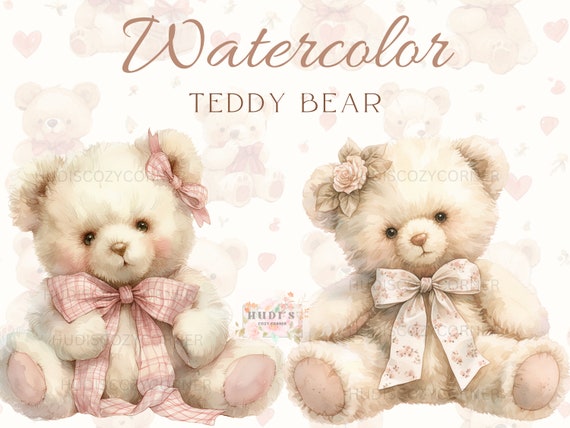 8 Cute Teddy Bear with Bow Clipart, Vintage Watercolor Teddy Bears, PNG Bundle, Wall Art, Scrapbook, Junk Journal, Baby Shower Invitation