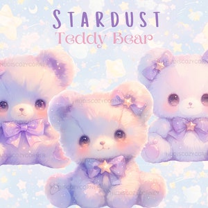 22 Pastel Stardust Teddy Bear Clipart Bundle, Watercolor Bow and Star Teddies, Printable PNG Celestial Teddy Illustrations, Commercial Use