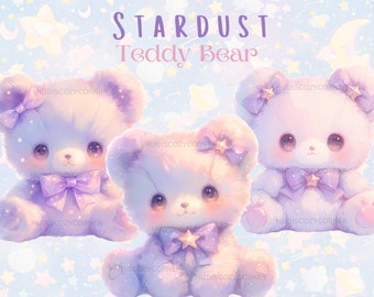 22 Pastel Stardust Teddy Bear Clipart Bundle, Watercolor Bow and Star Teddies, Printable PNG Celestial Teddy Illustrations, Commercial Use