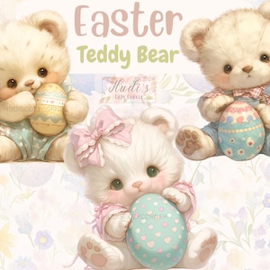 23 Cute Teddy Bear with Easter Egg Clipart, Watercolor Pastel Spring Baby Teddy, Printable Easter Egg And Teddies JPG Images, Commercial Use