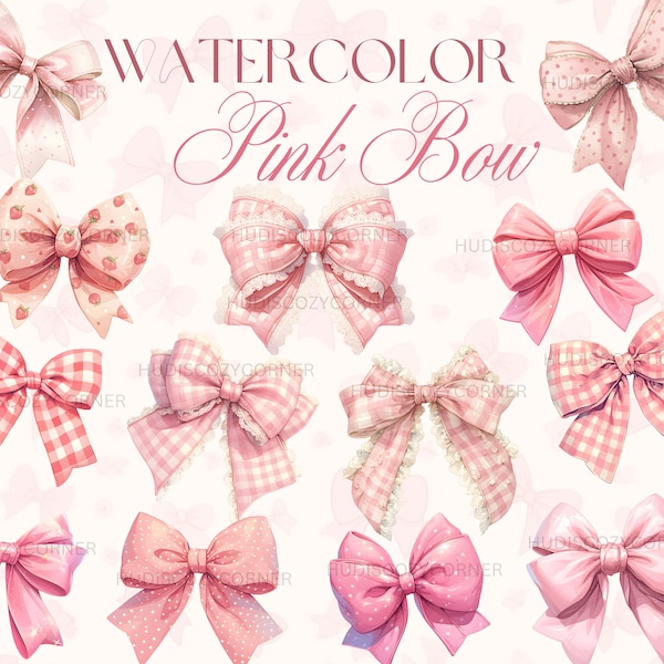 30 Cute Pink Gingham Bow Clipart Bundle, Watercolor Pink Coquette Bows Design, Printable PNG Baby Girl Nursery Illustrations, Commercial Use