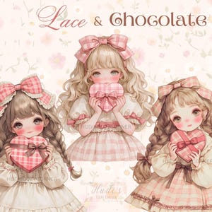 21 lindas imágenes prediseñadas de chicas vintage con vestido y caja de bombones, imágenes prediseñadas de San Valentín en color rosa, imágenes prediseñadas románticas suaves para imprimir en formato JPG, descarga digital