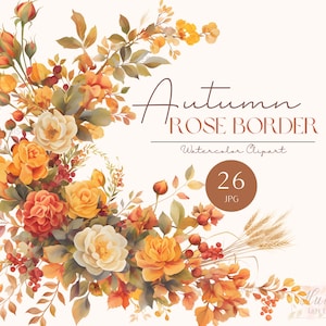 26 Clipart bordure florale Rose automne, coins de fleurs Rose automne aquarelle douce, mariage JPG, téléchargement numérique pour créations en papier, fabrication de cartes