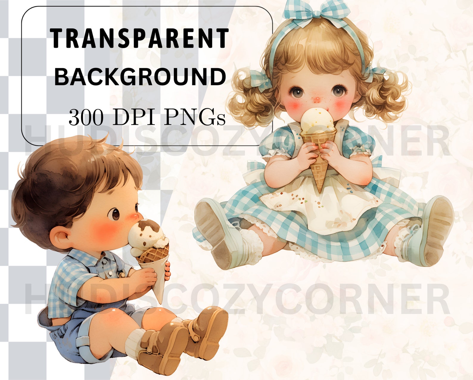 11 Cute Toddler Eating Ice Cream Clipart Bundle, Watercolor Vintage ...