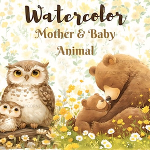 8 moeder en baby dieren clipart bundel, aquarel schattige moeders dag illustratie, afdrukbare kinderkamer en baby shower JPG, kaart maken