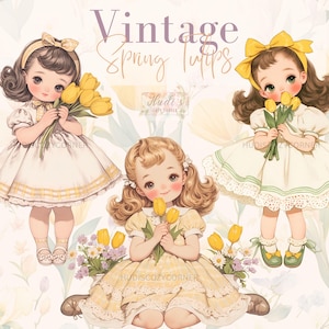 15 Vintage Frühling Mädchen mit Tulpen Clipart, niedliche Blumen Sommer Mädchen im Kleid, printable JPG für Papier Handwerk, Scrapbooking, Junk Journal