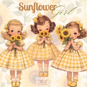 12 Vintage Sonnenblumen Mädchen Clipart Bundle, Aquarell Mädchen im gelben Sommer Gingham Kleid, druckbare PNG Kinderzimmer Illustration, kommerzielle Nutzung