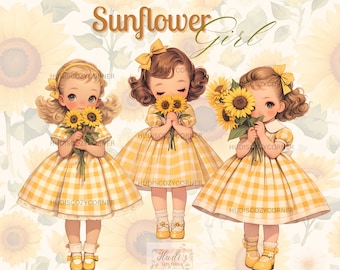 12 Vintage Sunflower Girl Clipart Bundle, Watercolor Girl in Yellow Summer Gingham Dress, Printable PNG Nursery Illustration, Commercial Use