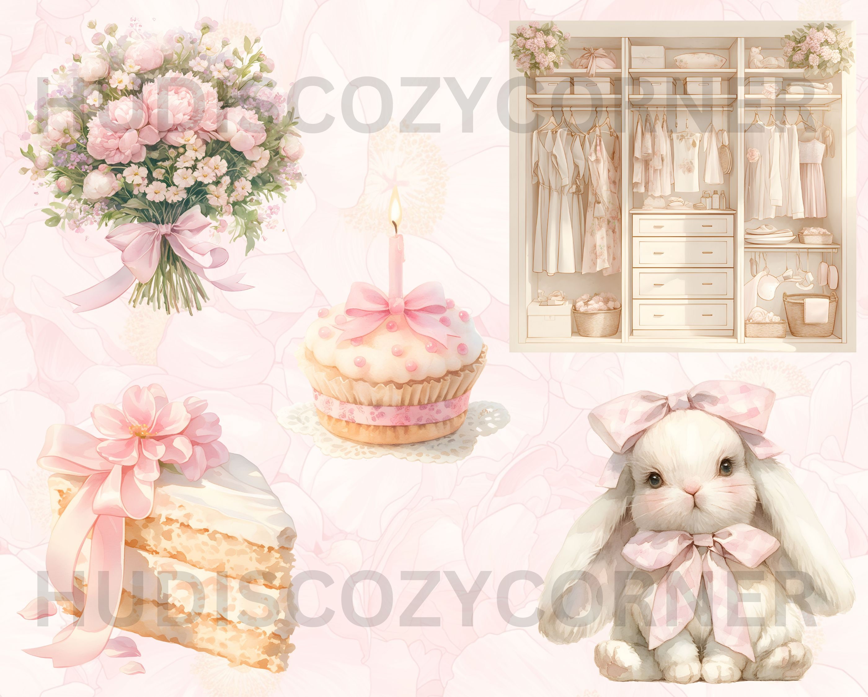 45 Coquette Aesthetics Clipart Bundle, Watercolor Vintage Soft Pink ...