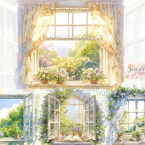 以下が含まれることがあります： 緑豊かな庭園の景色を望む窓を描いた水彩画4点。それぞれの窓は異なるスタイルで、カーテン、花、本が描かれている。窓は白い背景に配置されている。