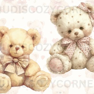 May include: Two plush teddy bears, one with a brown and white polka dot pattern and a pink bow, and the other with a light brown fur and a plaid bow. Both bears are sitting on a white background with pink hearts.
