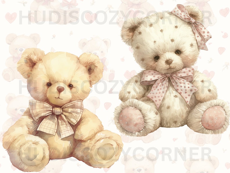 May include: Two plush teddy bears, one with a brown and white polka dot pattern and a pink bow, and the other with a light brown fur and a plaid bow. Both bears are sitting on a white background with pink hearts.