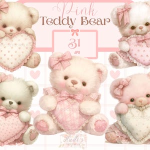 31 Rosa Baby Teddybär mit Herz Kissen Clipart, Aquarell Rosa Teddies JPG Bilder, Baby Rosa Bär Kindergarten Illustrationen, kommerzielle Nutzung