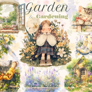 Paquete de 35 imágenes prediseñadas de herramientas de jardinería y jardinería, jardinería de verano en acuarela, PNG imprimible para álbumes de recortes, diario basura, uso comercial