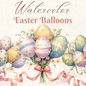 6 Colorful Easter Egg Balloons Clipart, Watercolor Vintage Flower Bundle, Printable PNG Images, Digital Download, Junk Journals, Paper Craft
