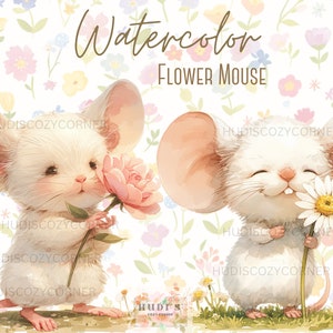 8 graziosi clipart di topi e fiori, bundle di topi floreali ad acquerello stampabili, immagini JPG per lavori di carta digitale, creazione di biglietti e tecniche miste
