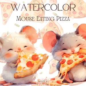 10 lindos ratones comiendo pizza, paquete de ratones de acuarela imprimibles, imágenes PNG de alta calidad para manualidades de papel, revistas basura, uso comercial