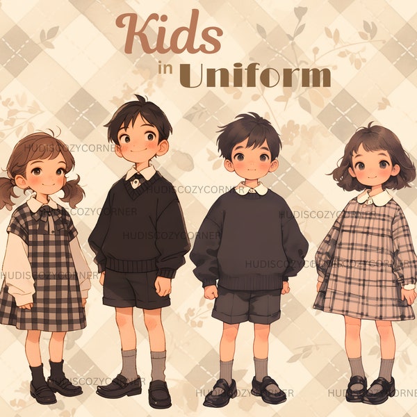 14 Vintage Kid in Uniform Clipart Bundle, Watercolor Cottagecore Girl and Boy in School Uniforms, Cute Back to School Images, Commercial Use