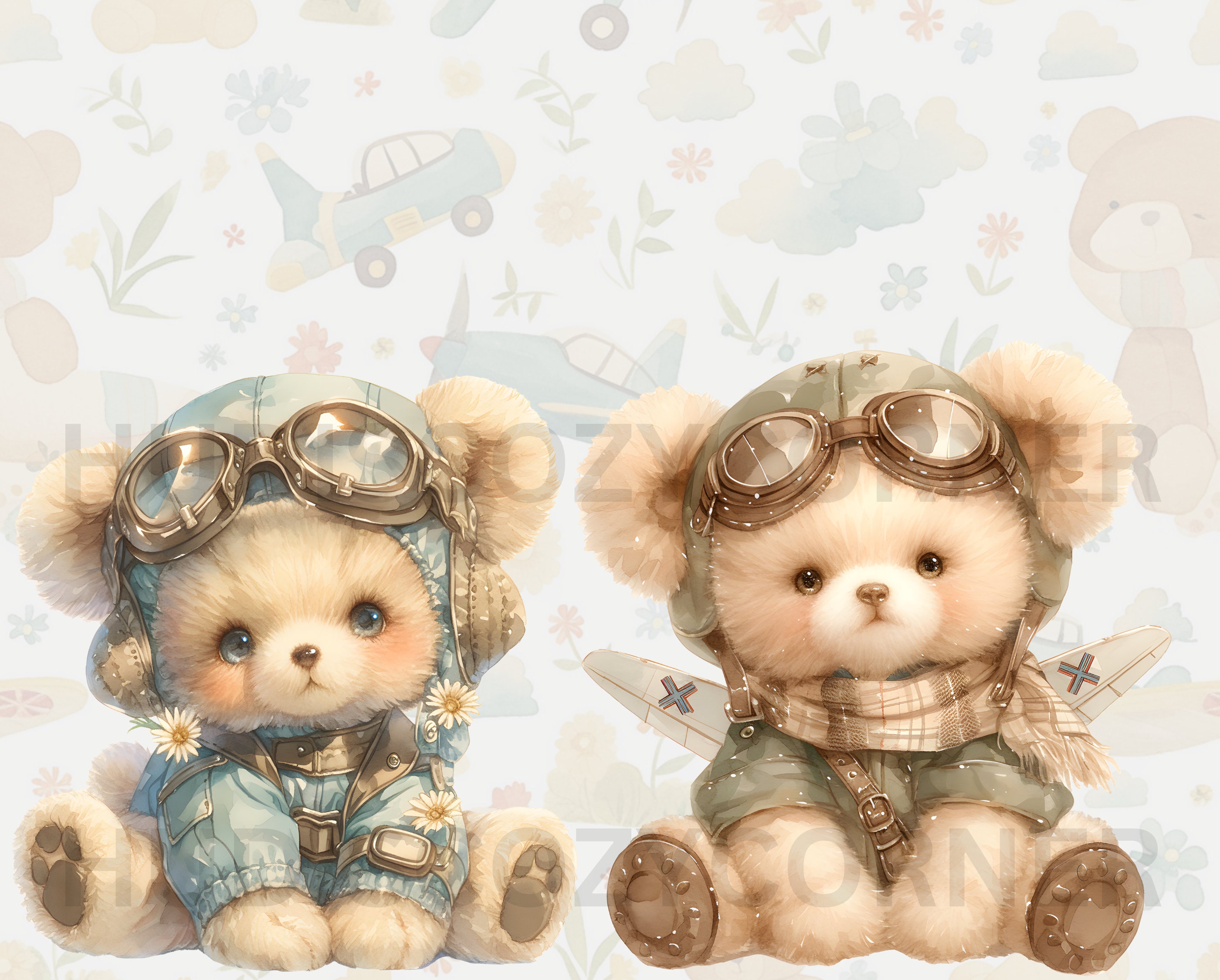14 Vintage Pilot Teddy Bear Clipart Bundle, Watercolor Aviator Teddy ...