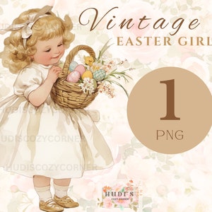 1 Watercolor Vintage Easter Girl Digital Clipart, Egg Basket, Printable Graphic Image Sublimation, PNG, Instant Download, Commercial use
