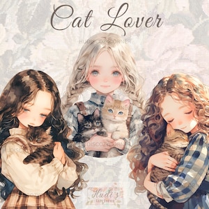 11 Clipart fille avec un chat, lot d'amoureux des chats aquarelle, Images PNG imprimables pour le scrapbooking, journal indésirable, fabrication de cartes, usage Commercial