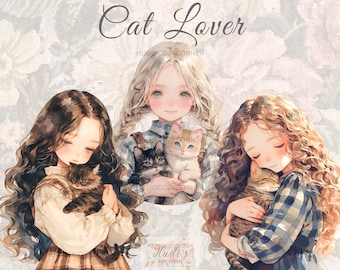 11 Girl with Cat Clipart, Watercolor Cat Lover Bundle, Printable PNG Images for Scrapbooking, Junk Journal, Card Making, Commercial Use
