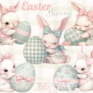 Puede incluir: Ilustración de conejitos blancos con lazos rosas, cada uno abrazando un huevo de Pascua en tonos pastel. Los huevos presentan diversos patrones, como rayas, cuadros y motivos florales. Las palabras "Easter Bunny" están escritas en rosa encima de los conejitos.