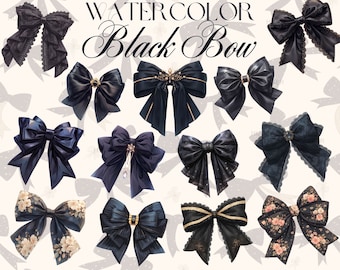 44 Black Bow Clipart, Watercolor Dark Lace Bow Design, Printable PNG Bow Images, Digital Download, Card Making, Scrapbooking, Commercial use