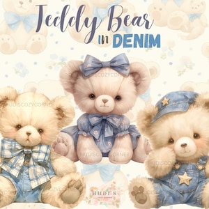 Bundle de 16 cliparts ours en peluche en denim, nounours vintage aquarelle, illustration imprimable pour chambre de bébé et baby shower, usage Commercial