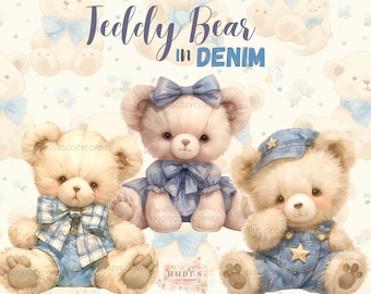 16 Teddy Bear in Denim Clipart Bundle, Watercolor Vintage Teddies, Printable PNG Nursery and Baby Shower Illustration, Commercial Use