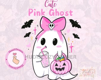 1 schattig handgetekende roze spook met strik, drankje en pompoen clipart, afdrukbare PNG roze coquette Halloween-afbeelding, herfstsublimatie ontwerp