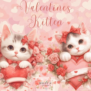 6 Pacote de clipart em aquarela de gatinho para o dia dos namorados, imagens JPG, coração de gatinho e gráficos florais, download digital instantâneo, uso comercial