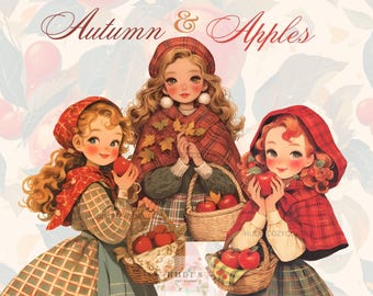 17 Vintage Autumn Girl w. Apple Basket Clipart, Watercolor Girls In Autumn Dress, Printable PNG For Paper Crafts, Scrapbooking, Junk Journal