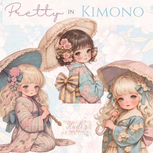 18 Girl in Pastel Kimono with Umbrella Clipart, Watercolor Cute Girl in Soft Pastel Aesthetics, Printable Vintage JPG, Junk Journal