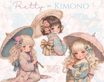 18 Garota em Kimono Pastel com Guarda-chuva Clipart, Aquarela Garota Bonita em Estética Pastel Suave, JPG Vintage Imprimível, Diário de Lixo