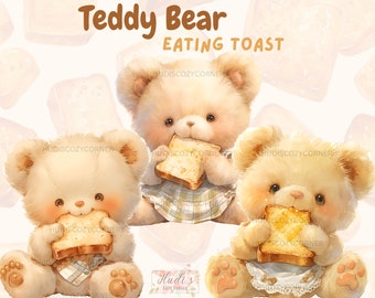 12 Cute Teddy Bear Eating Toast Clipart Bundle, Watercolor Teddies with Baked Goods, Printable PNG Children's Illustrations, Commercial Use