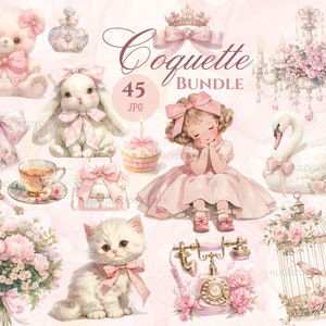 45 Coquette Aesthetics Clipart Bundle, Watercolor Vintage Soft Pink Cottage Core Images, Printable JPG for Junk Journal, Digital Planner