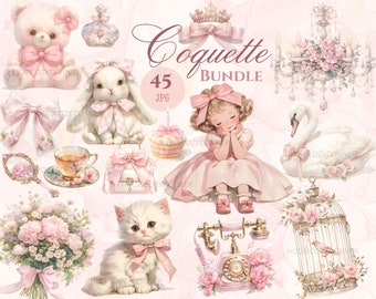 45 Coquette Aesthetics Clipart Bundle, Watercolor Vintage Soft Pink Cottage Core Images, Printable JPG for Junk Journal, Digital Planner