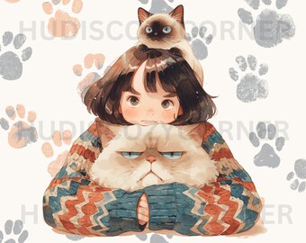 5 Cute Girl & Cat Watercolor PNG Clipart, Card Making, Cute Kitten Illustration, Digital Download Junk journal Scrapbooking, Commercial Use